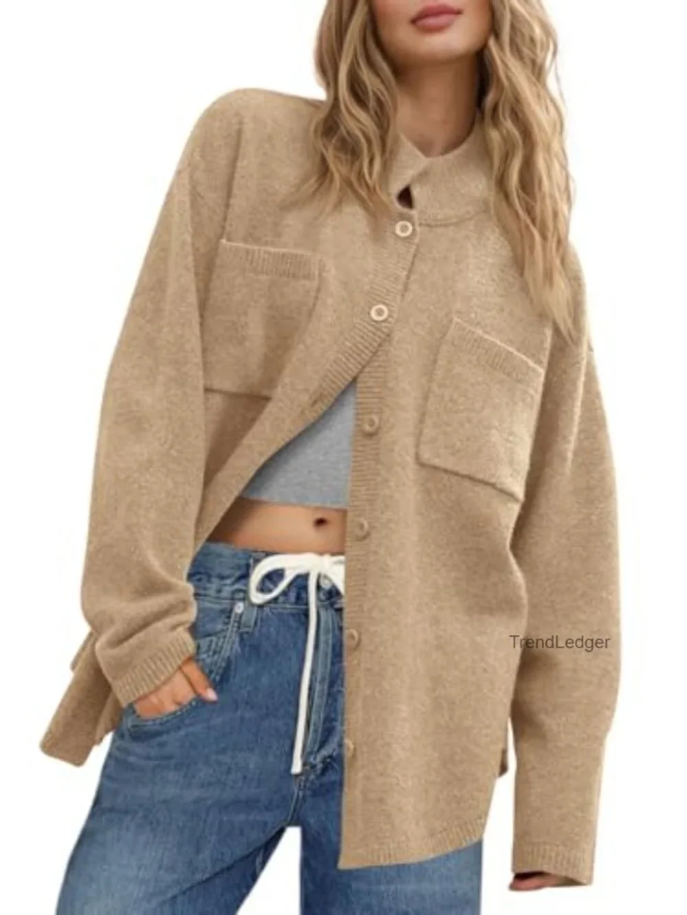 Womens Collared Cardigan Sweater Jacket Button Down Oversized Long Sleeve Knit